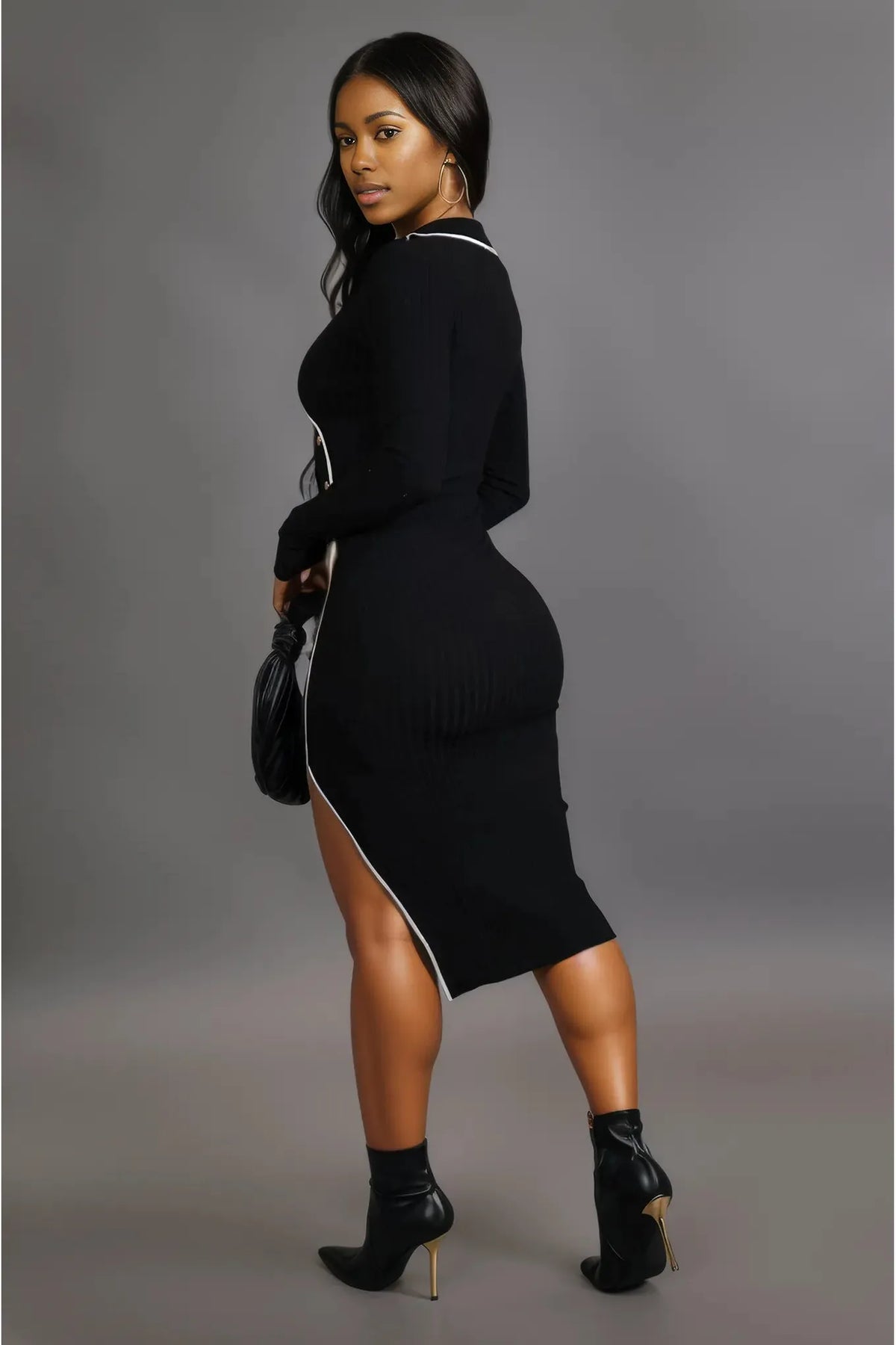 Black Long Sleeve Button Accent Midi Dress