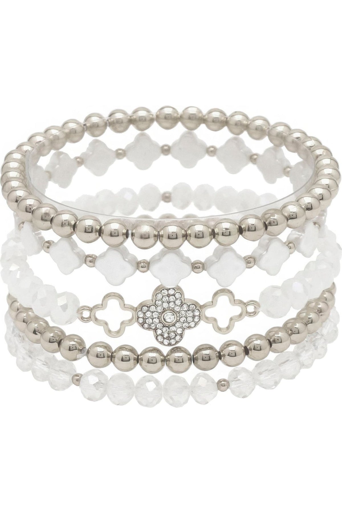 Clover Metal Pearl Rhinestone Stretch Bracelet Set
