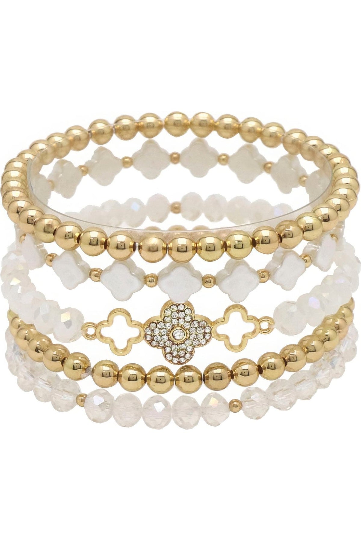 Clover Metal Pearl Rhinestone Stretch Bracelet Set