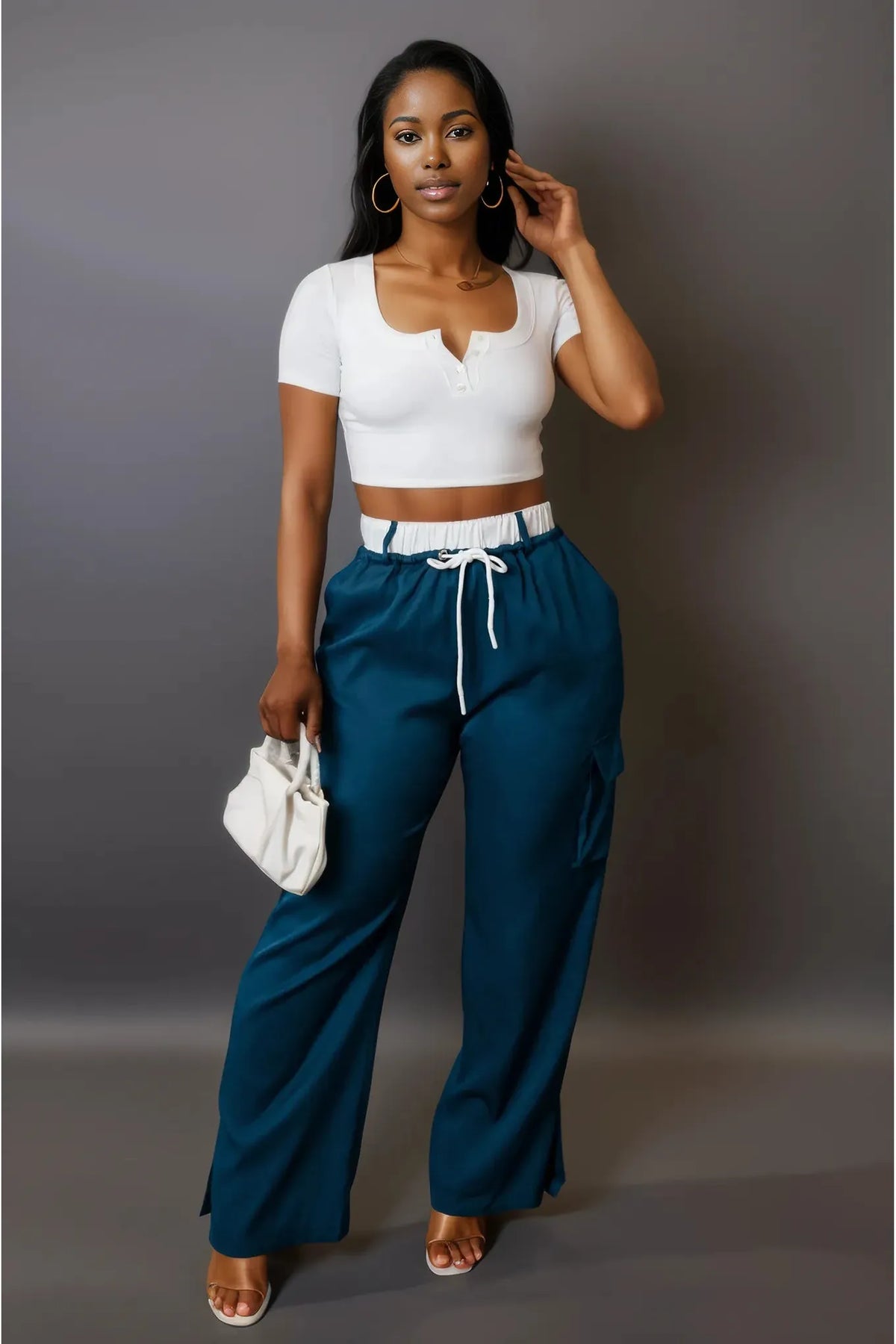 Blue Drawstring Cargo Joggers