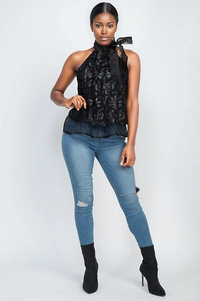 Sleeveless Neck Tie Keyhole Top