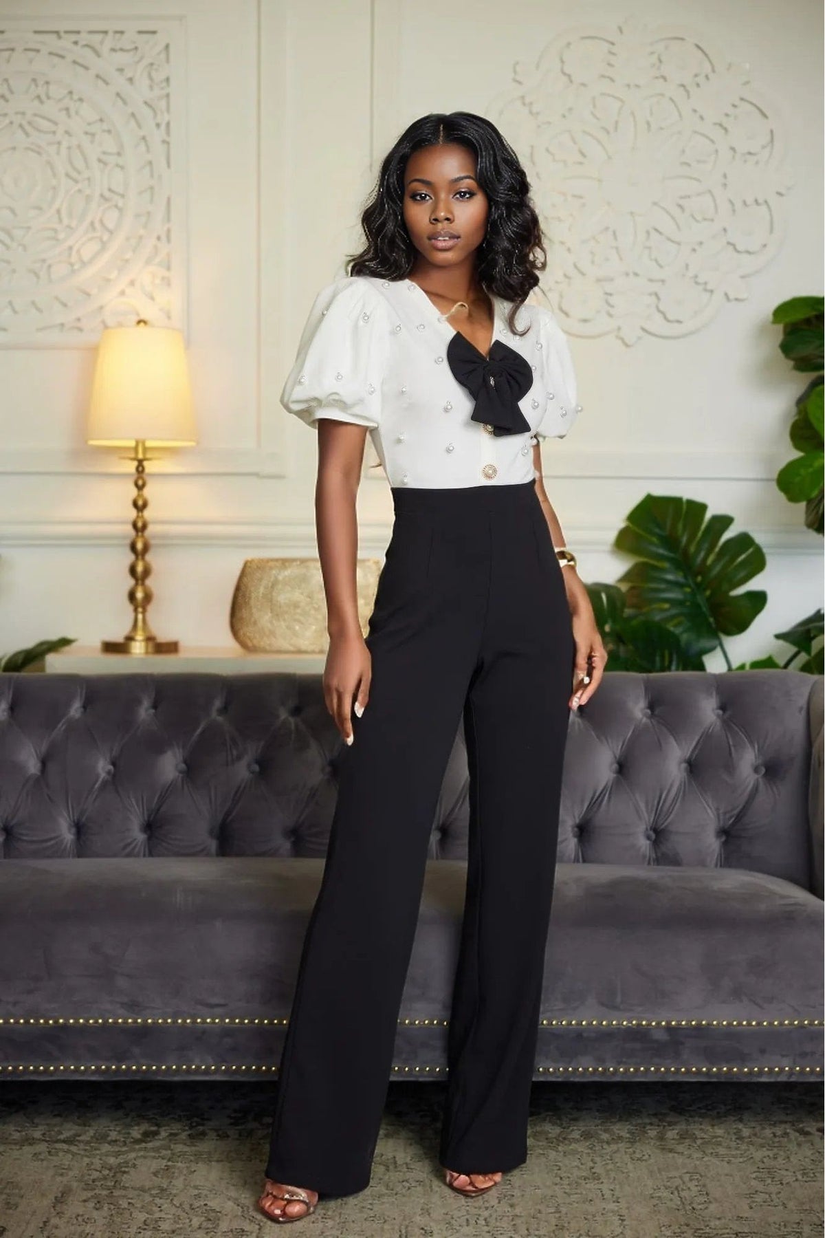 Bow and Pearl Black White Jumpsuit