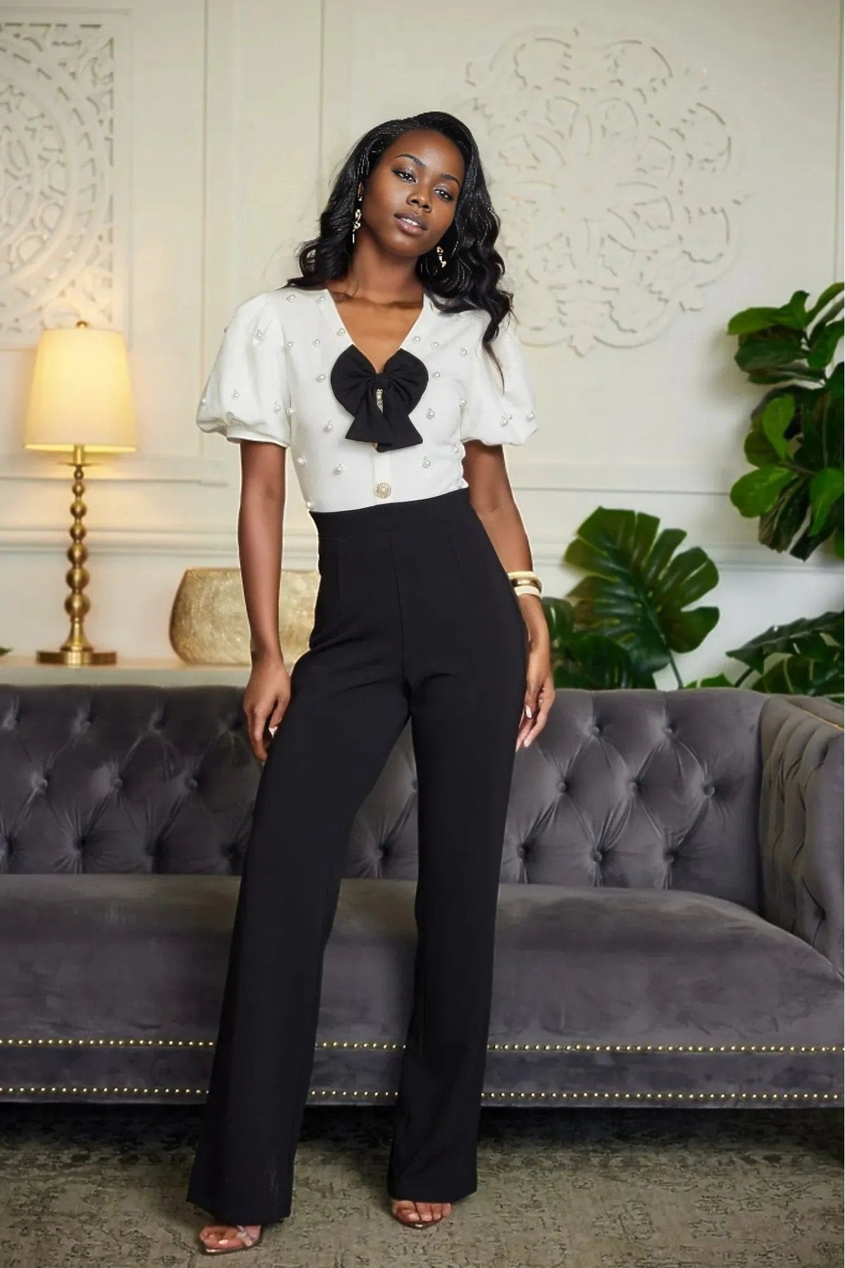 Bow and Pearl Black White Jumpsuit