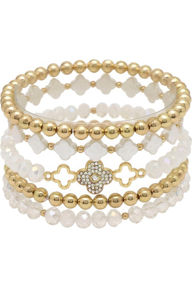 Clover Metal Pearl Rhinestone Stretch Bracelet Set