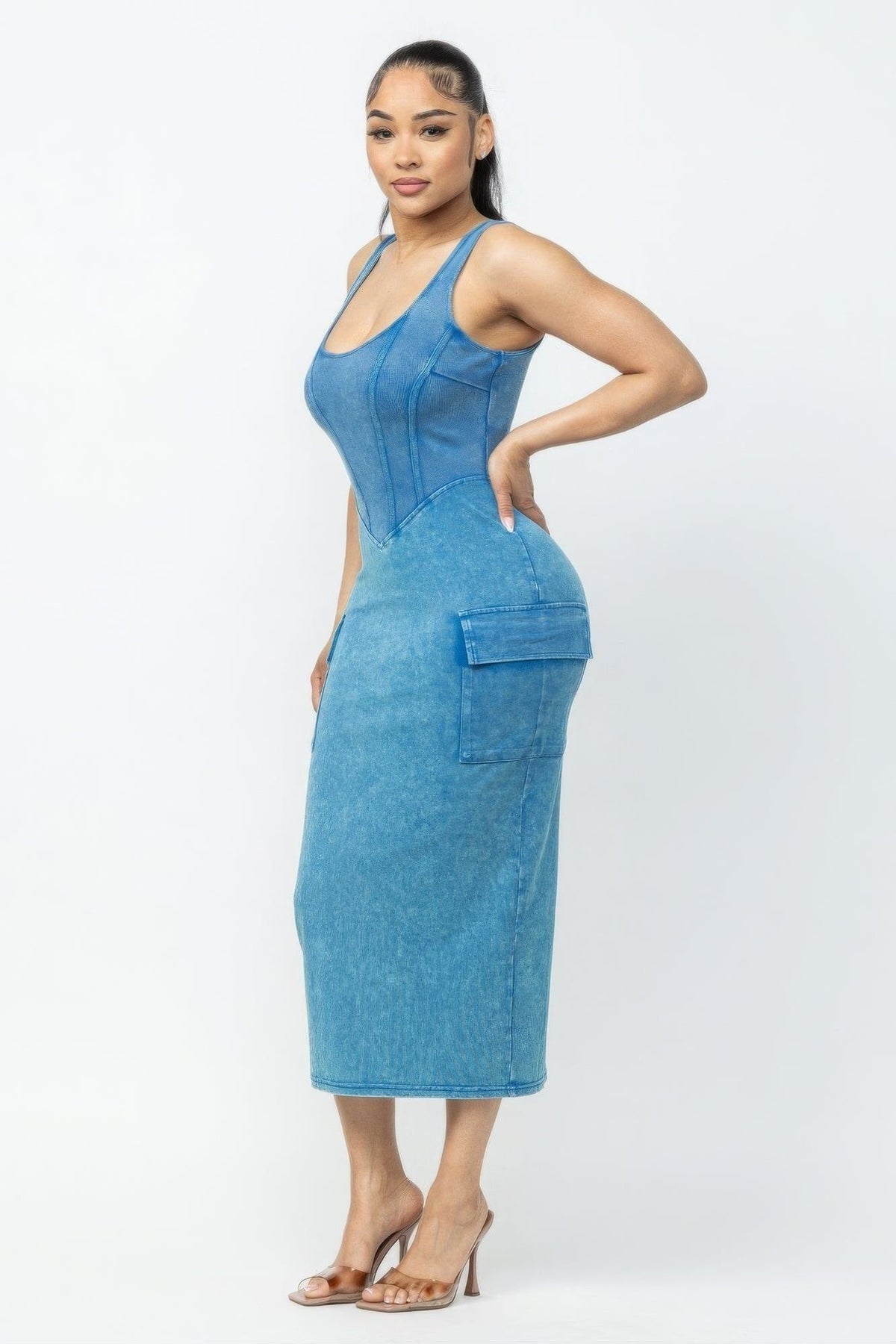 Blue Washed Cargo Midi Dress