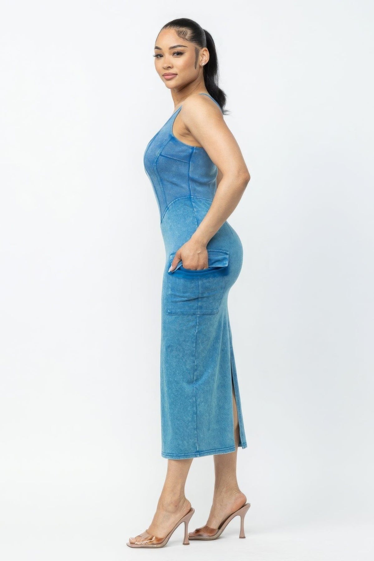 Blue Washed Cargo Midi Dress