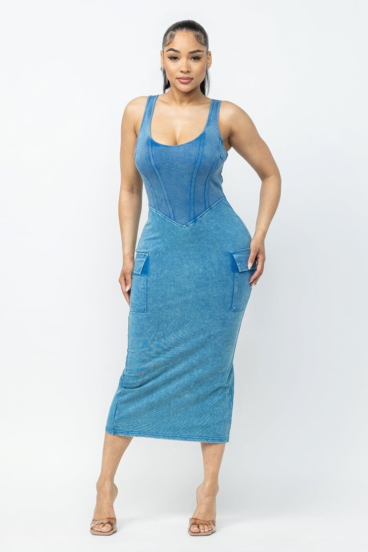 Blue Washed Cargo Midi Dress