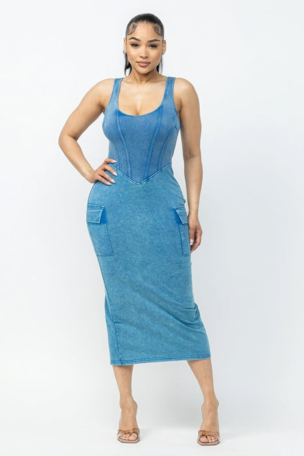 Blue Washed Cargo Midi Dress