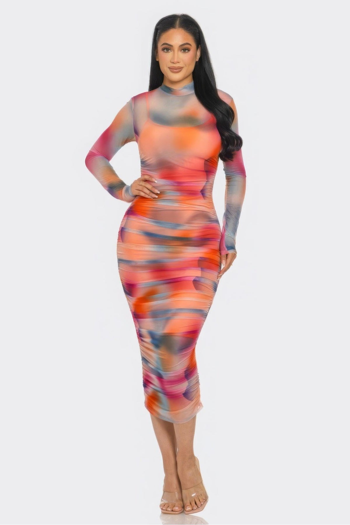Summer Heat Mesh Ruched Midi Dress