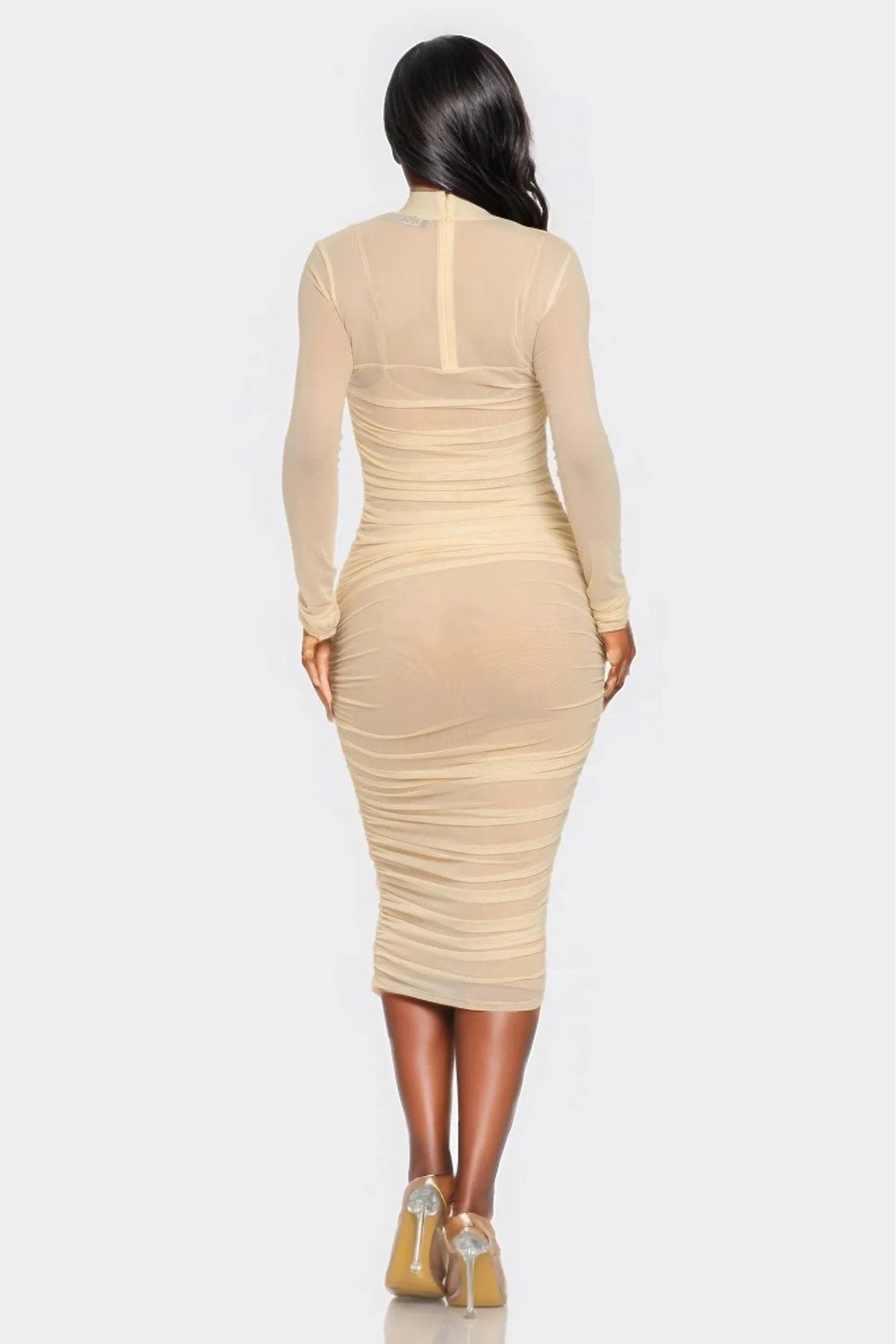 Solid Mesh Ruched Midi Dress