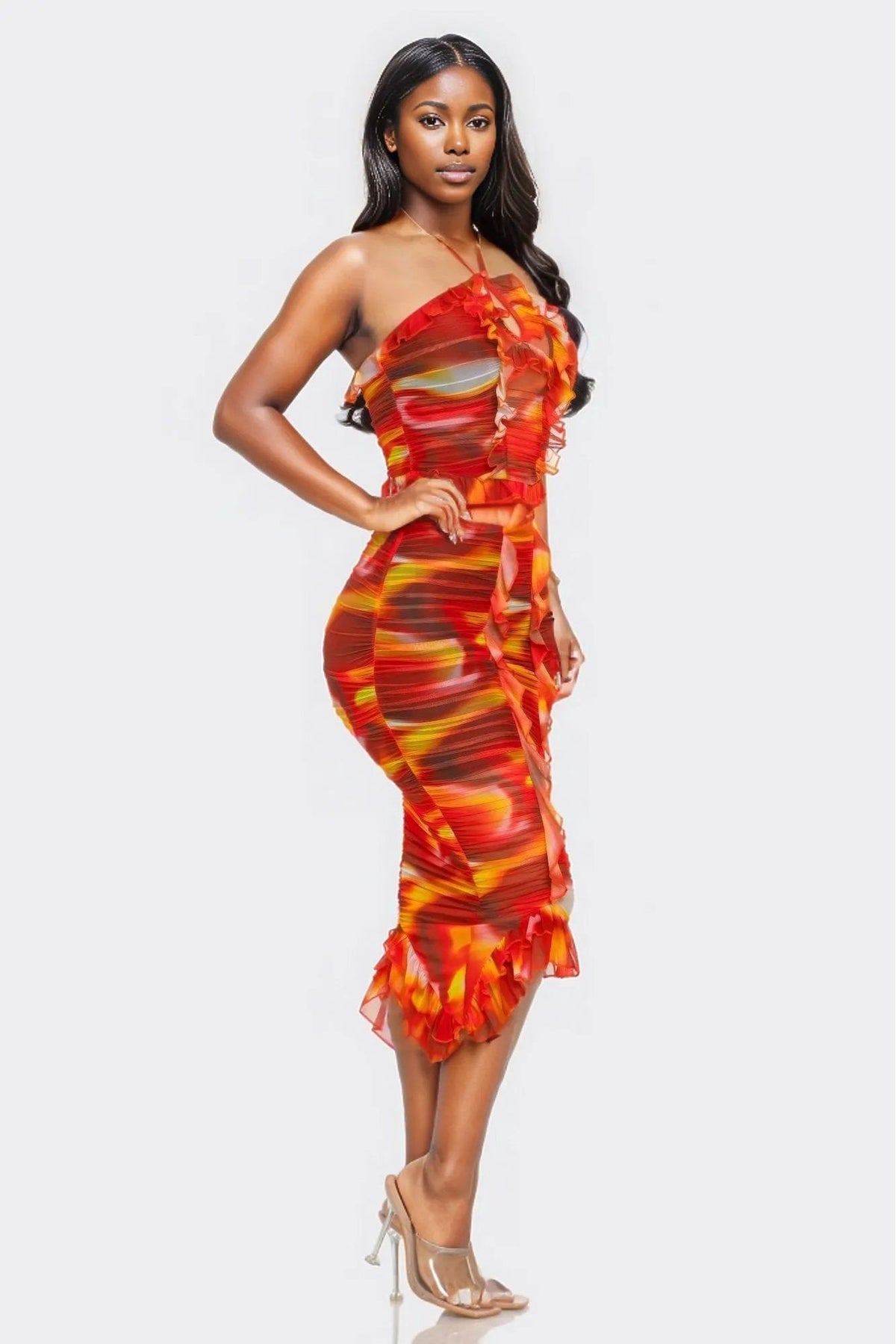 Tropical Waters Print Mesh Ruffle Halter Skirt Set