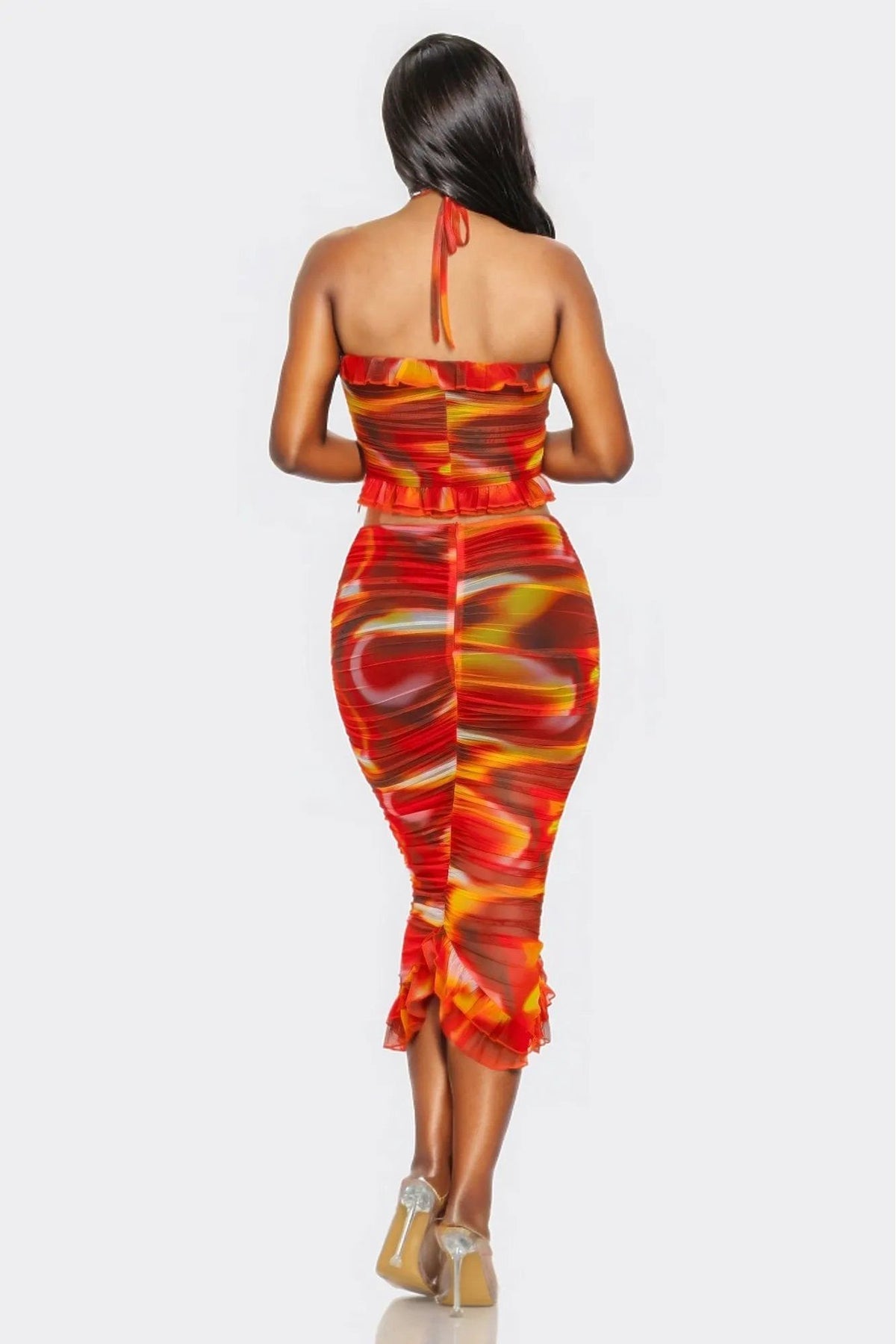 Tropical Waters Print Mesh Ruffle Halter Skirt Set