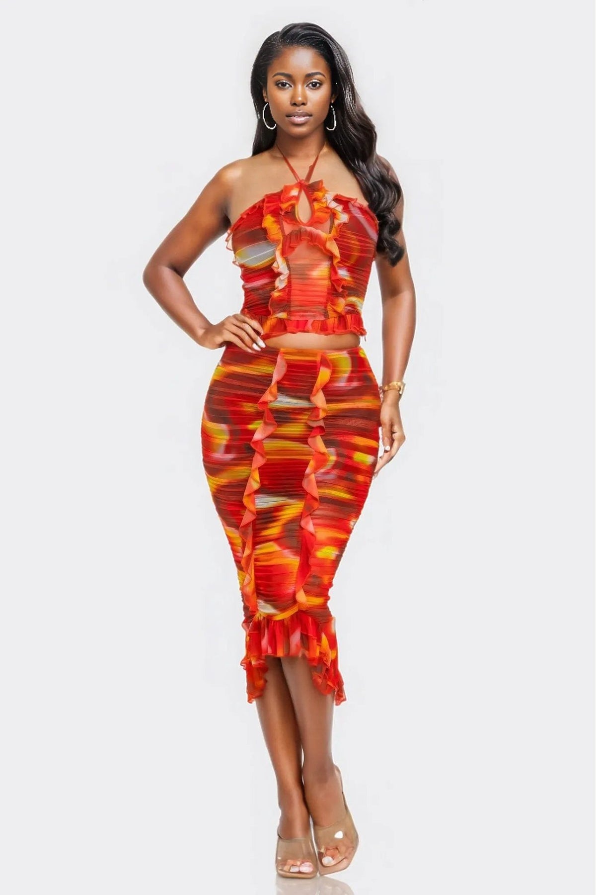 Tropical Waters Print Mesh Ruffle Halter Skirt Set