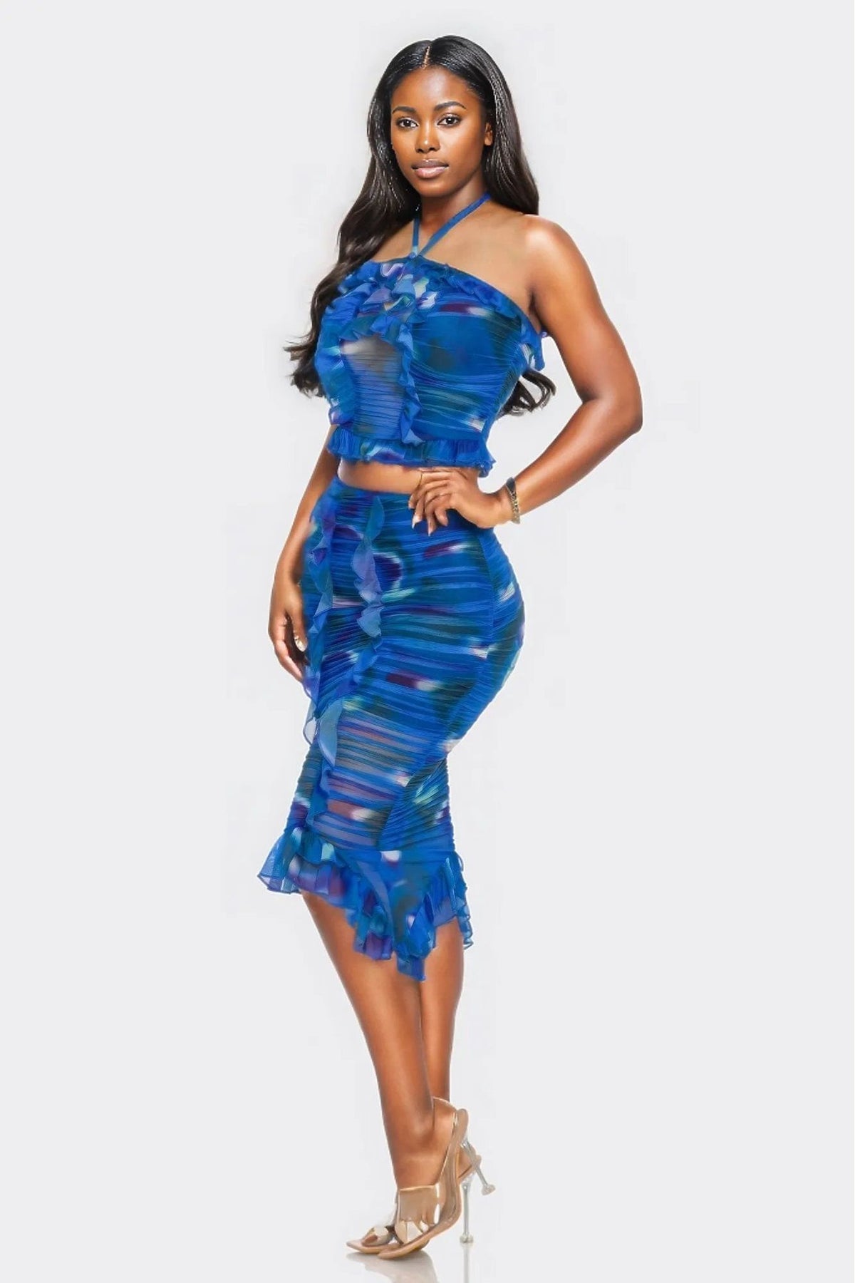 Tropical Waters Print Mesh Ruffle Halter Skirt Set