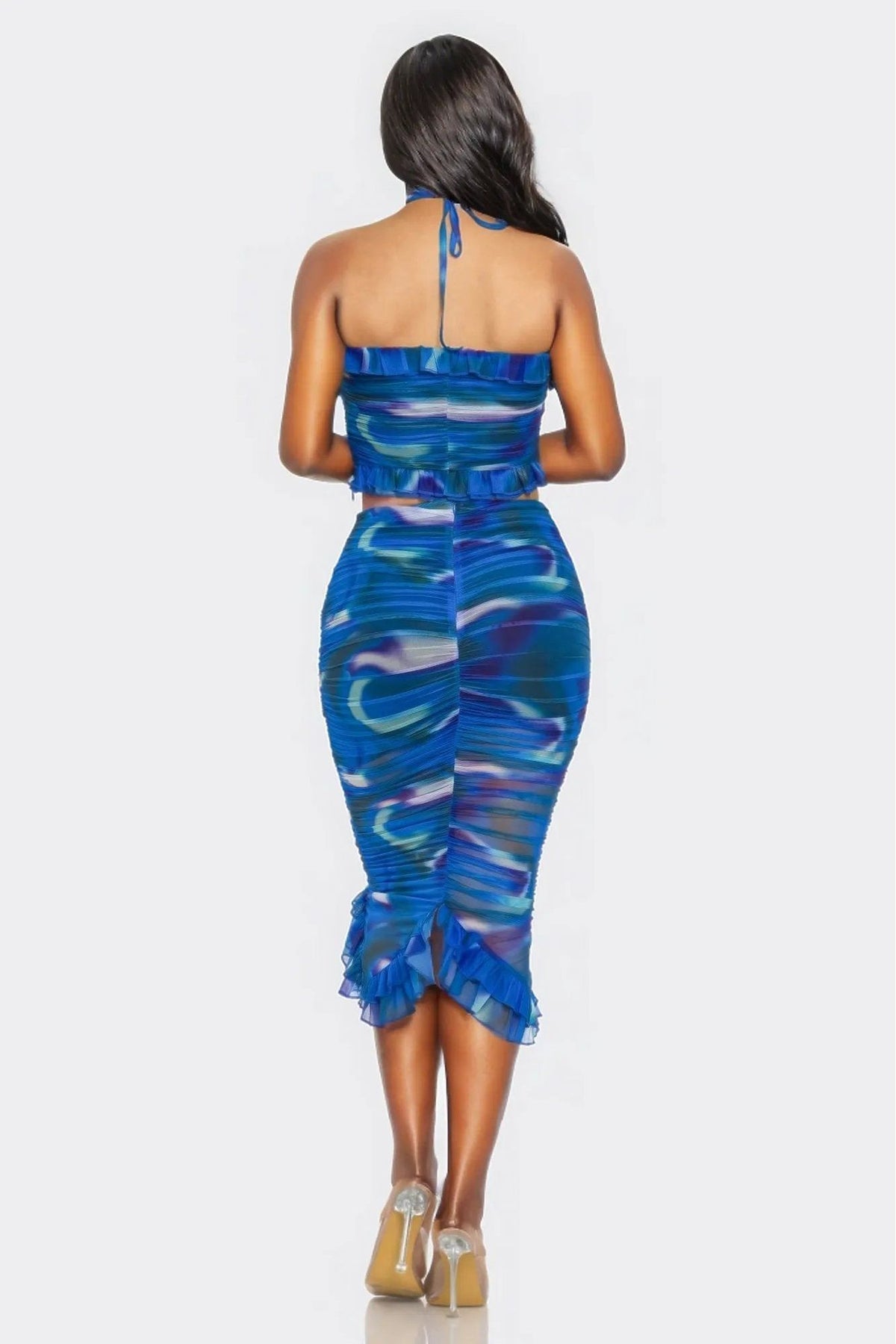 Tropical Waters Print Mesh Ruffle Halter Skirt Set