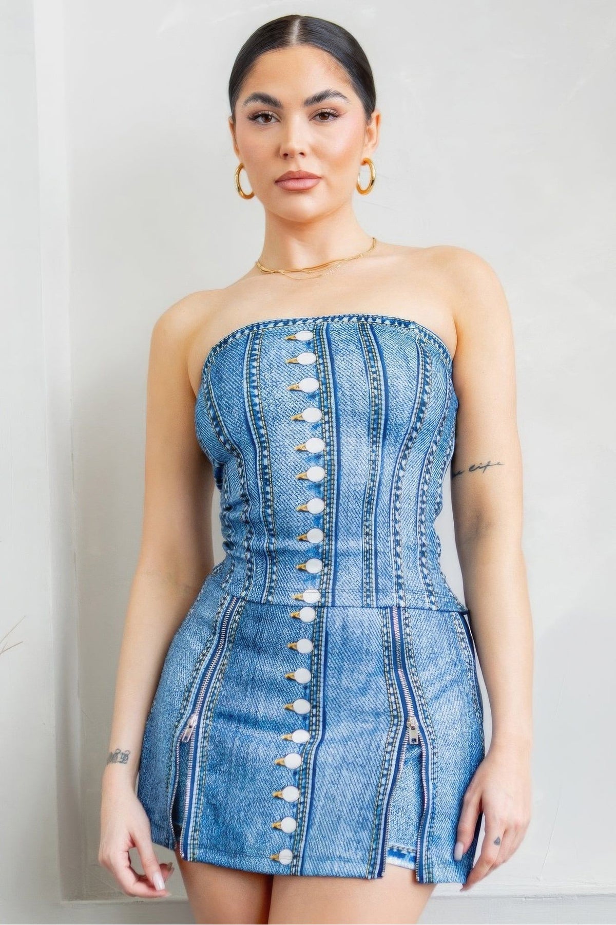 Faux Denim Effect Corset Top & Bottom Set