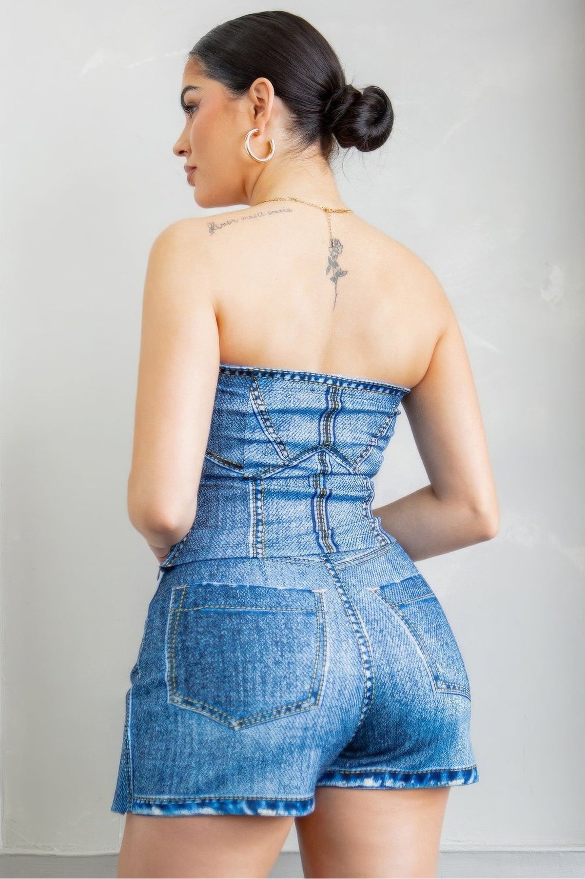 Faux Denim Effect Corset Top & Bottom Set