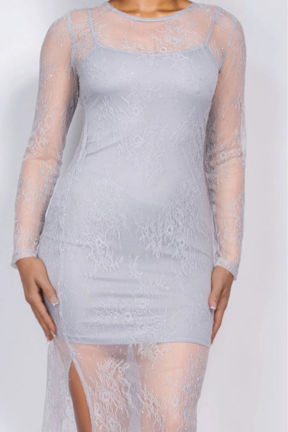 Lace Rhinestone-Studded Slit Midi Dress