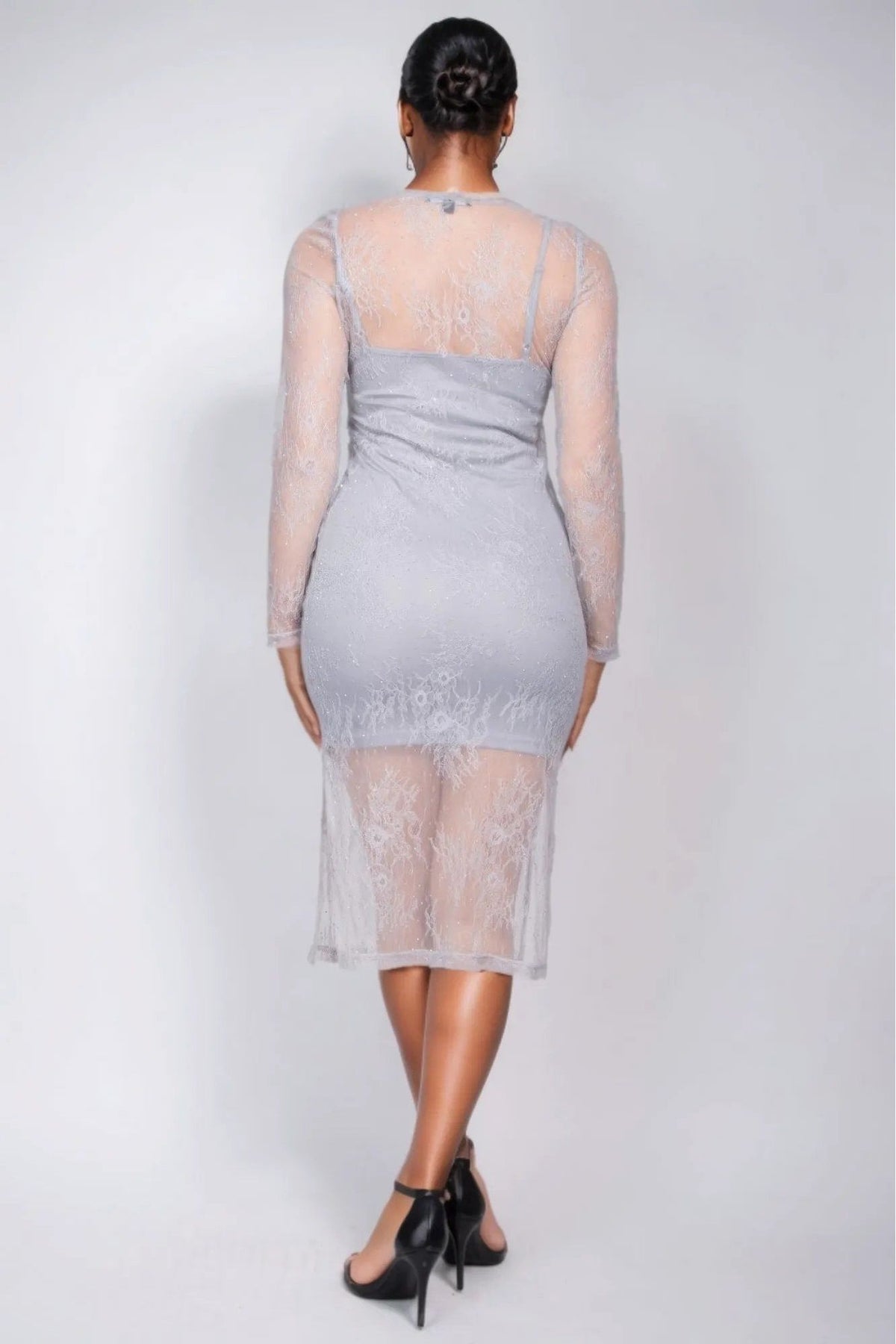 Lace Rhinestone-Studded Slit Midi Dress