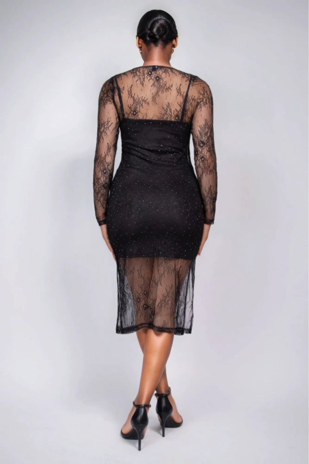 Lace Rhinestone-Studded Slit Midi Dress