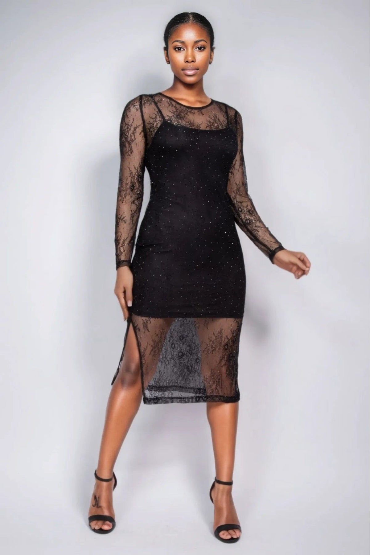 Lace Rhinestone-Studded Slit Midi Dress