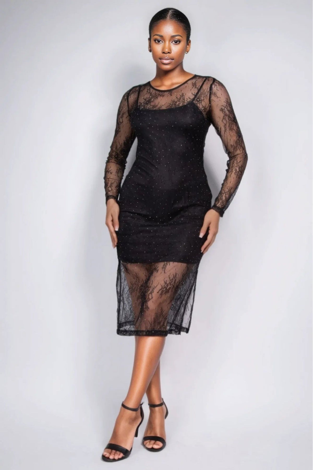 Lace Rhinestone-Studded Slit Midi Dress