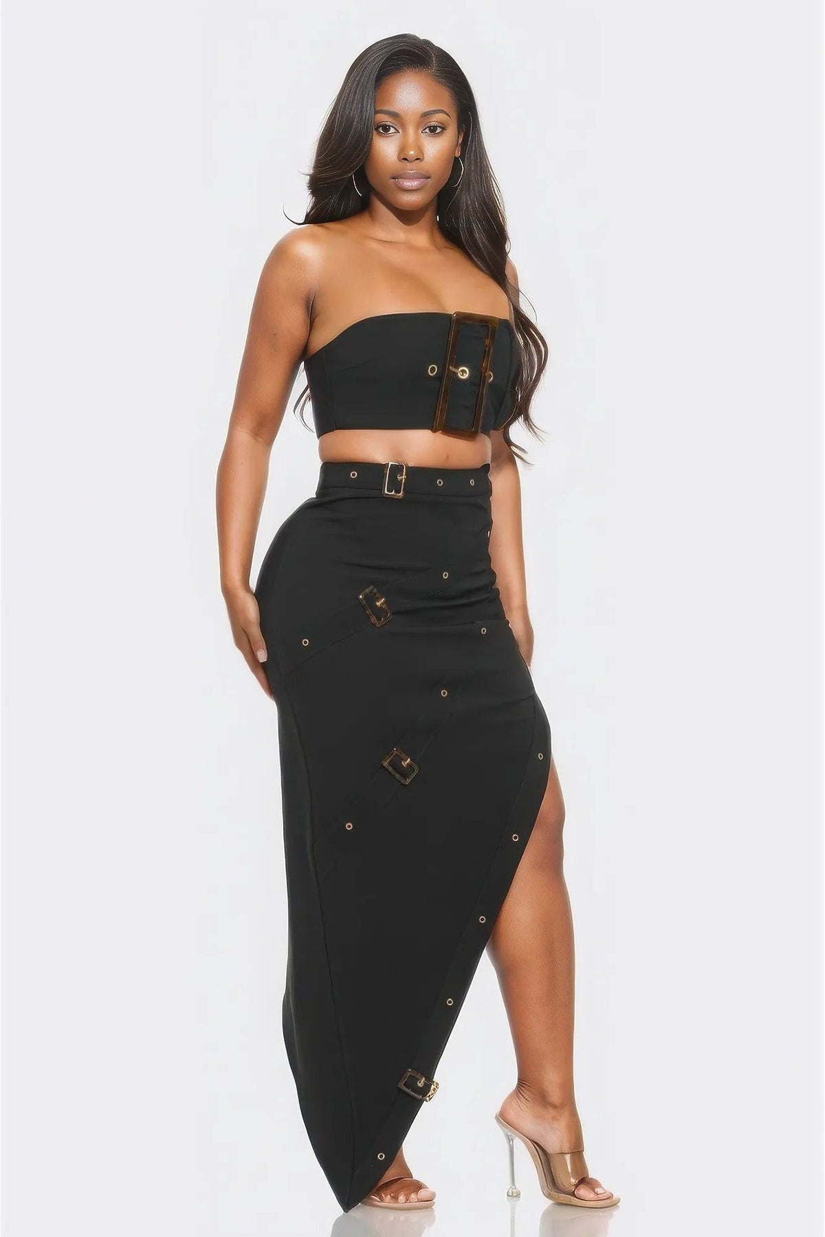 Eyelet Buckle Belt Top And Skirt Set