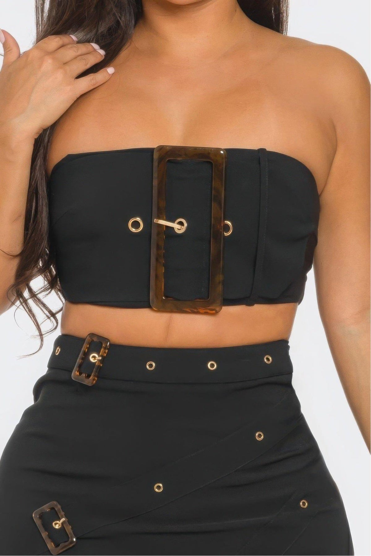 Eyelet Buckle Belt Top And Skirt Set