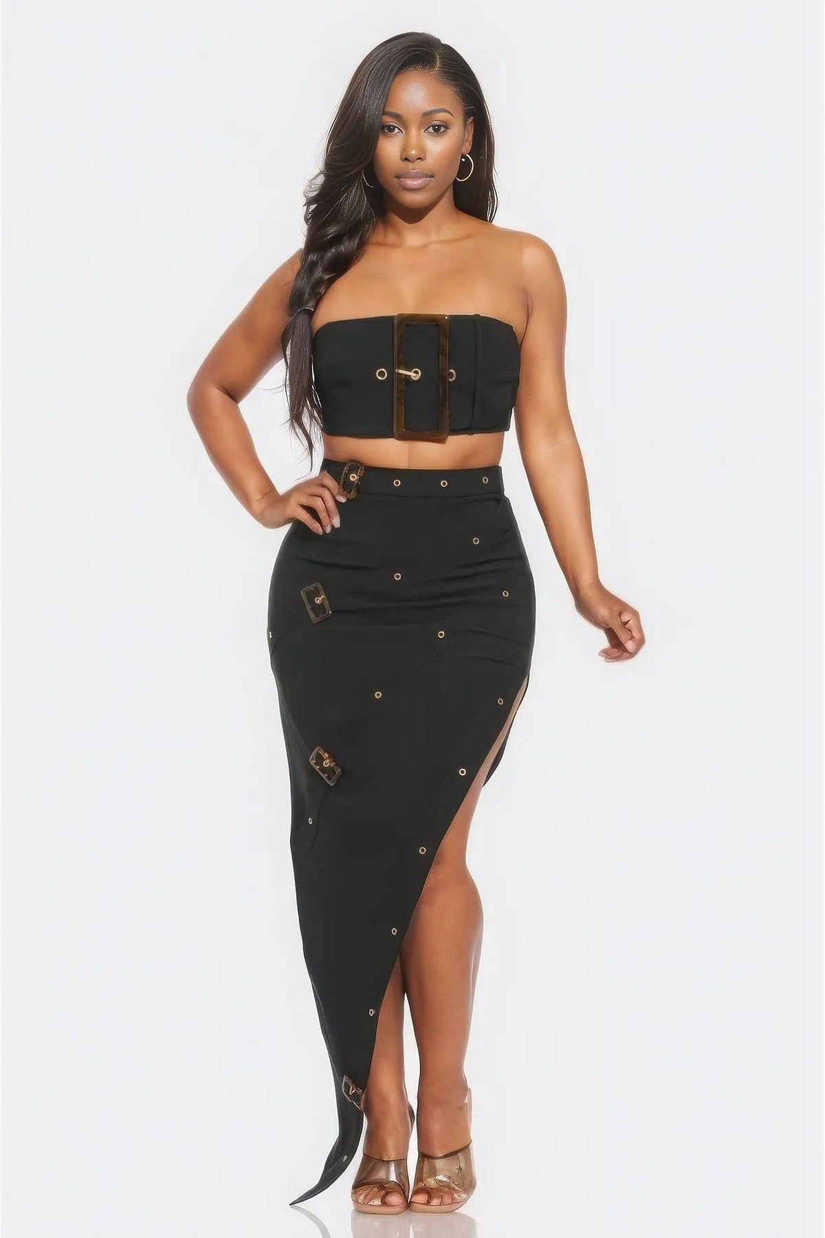 Eyelet Buckle Belt Top And Skirt Set