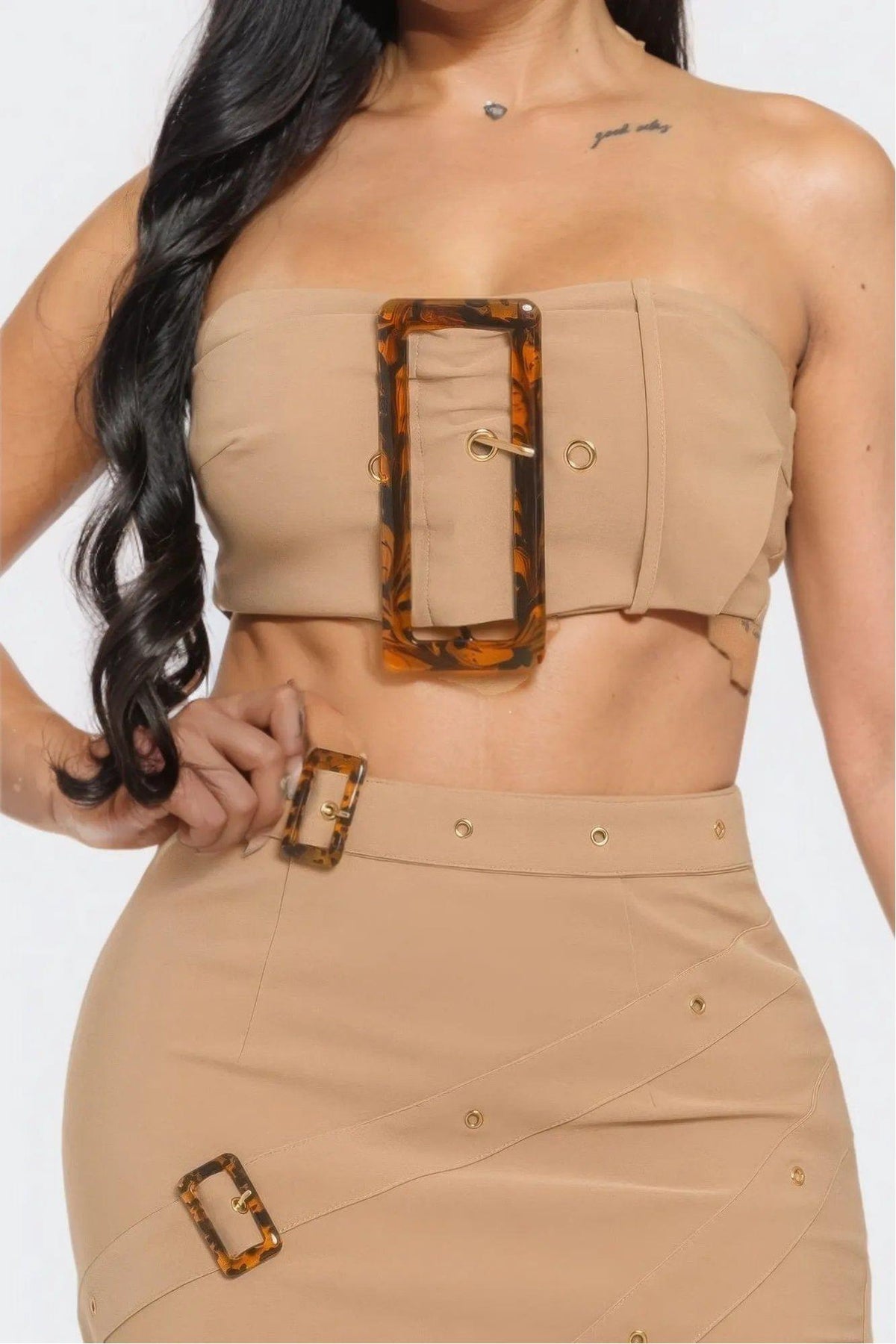Eyelet Buckle Belt Top And Skirt Set