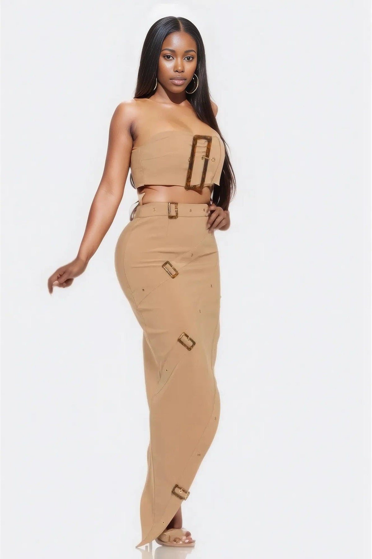 Eyelet Buckle Belt Top And Skirt Set