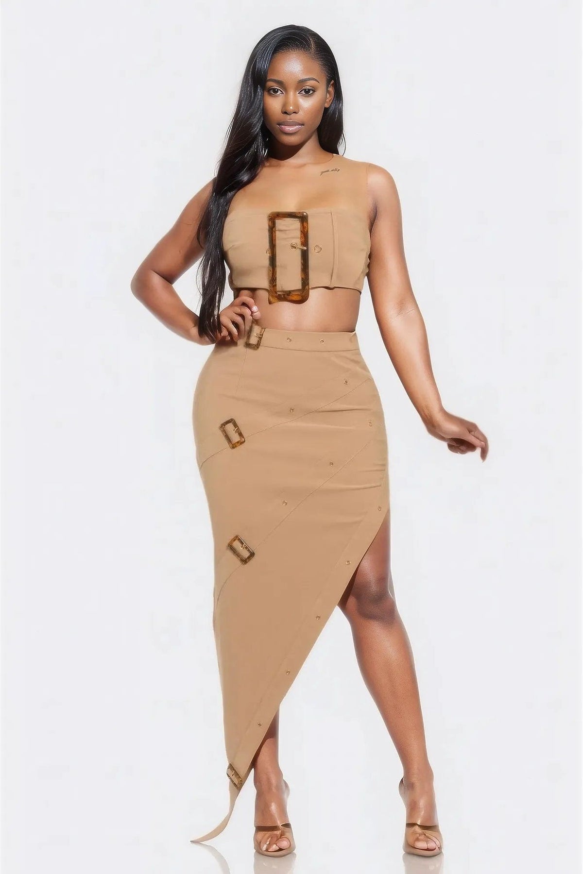 Eyelet Buckle Belt Top And Skirt Set