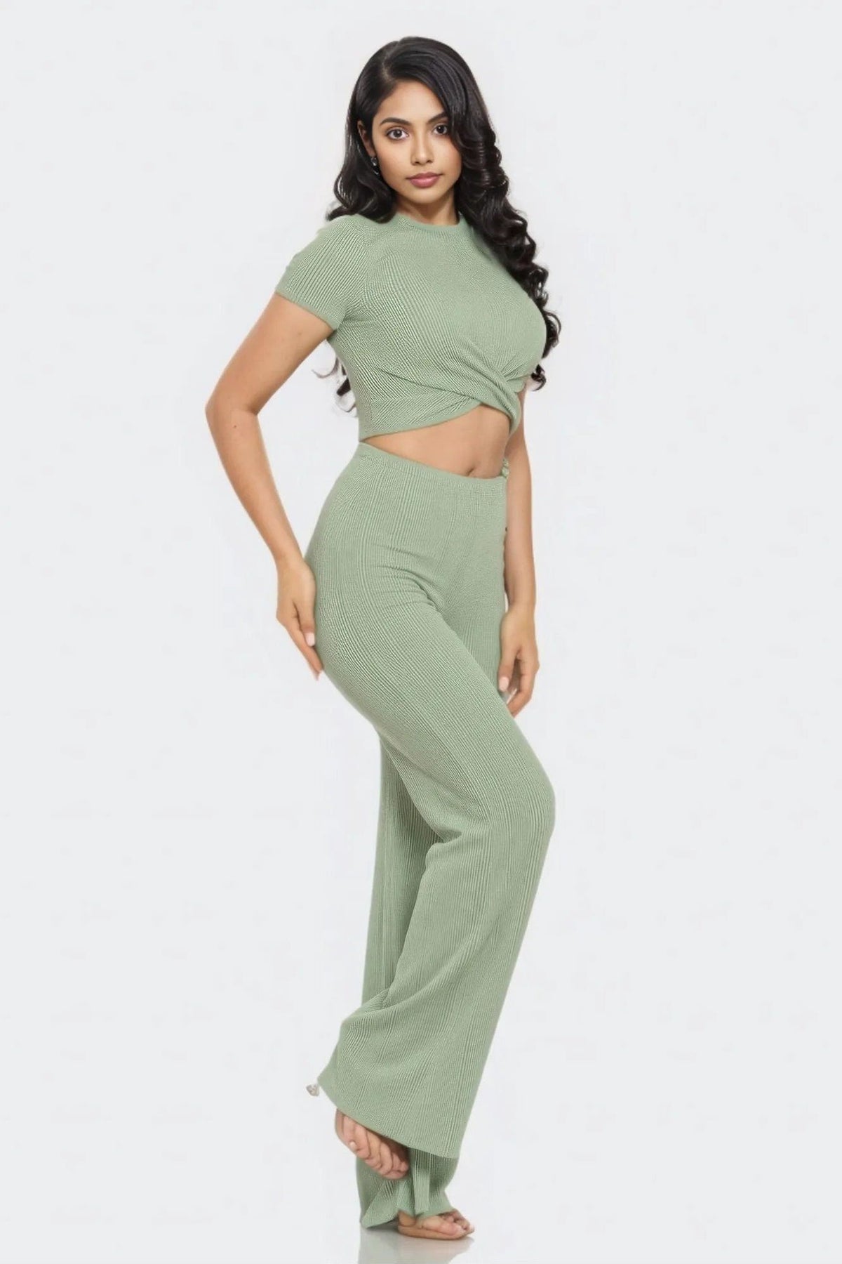 Front Twist Top And Flare Pants Set