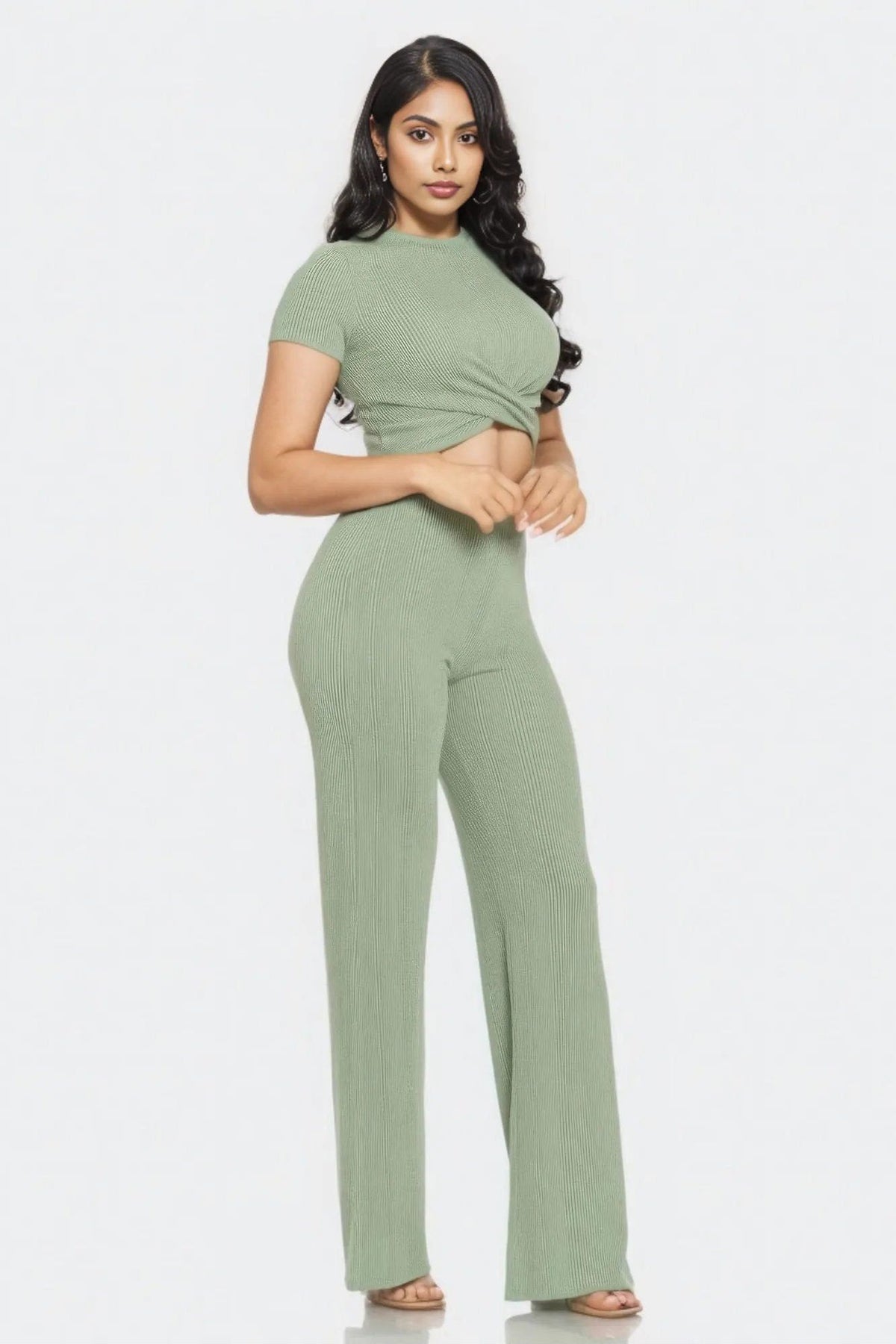 Front Twist Top And Flare Pants Set