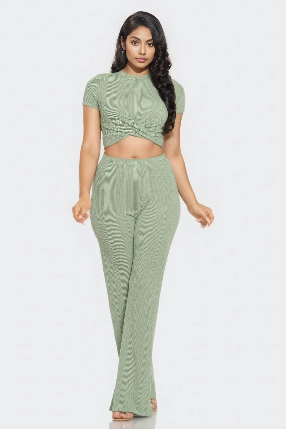 Front Twist Top And Flare Pants Set