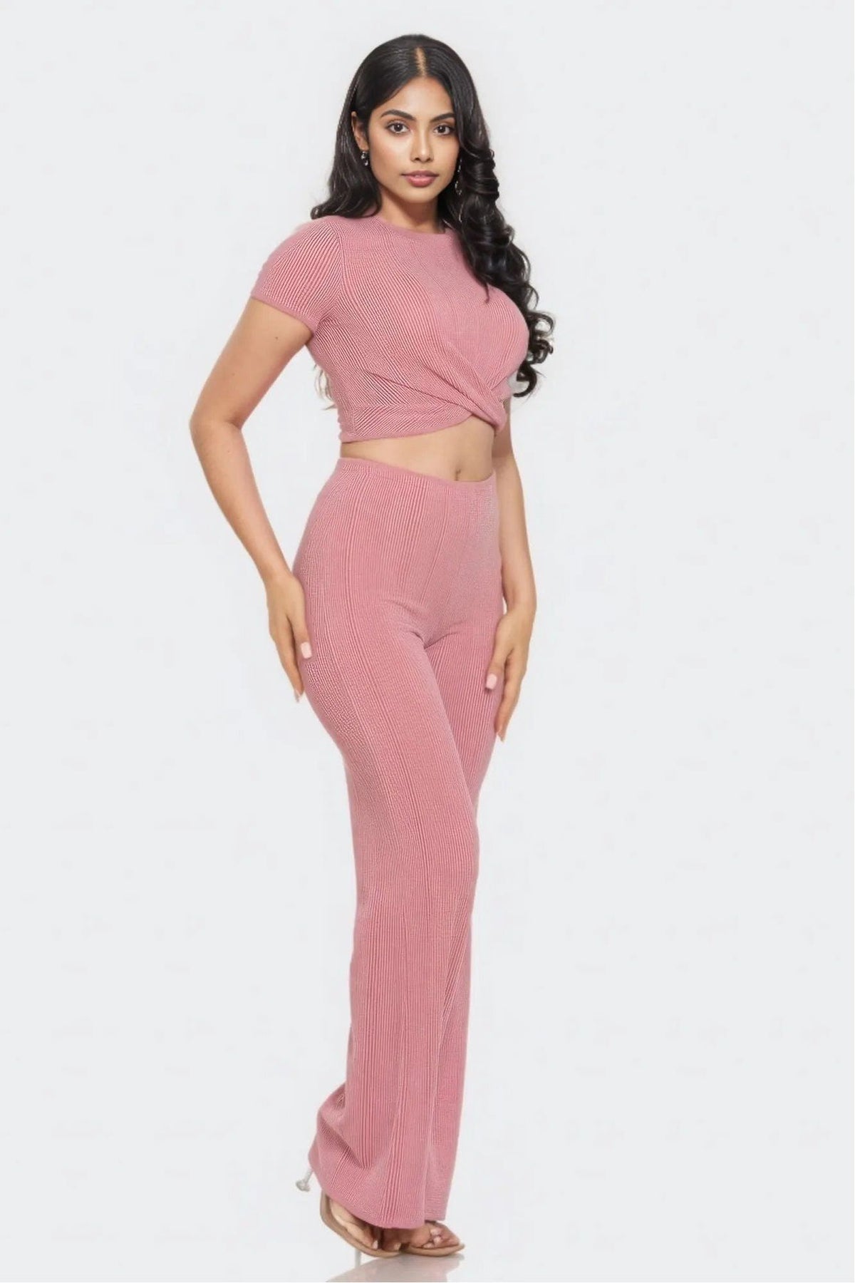 Front Twist Top And Flare Pants Set