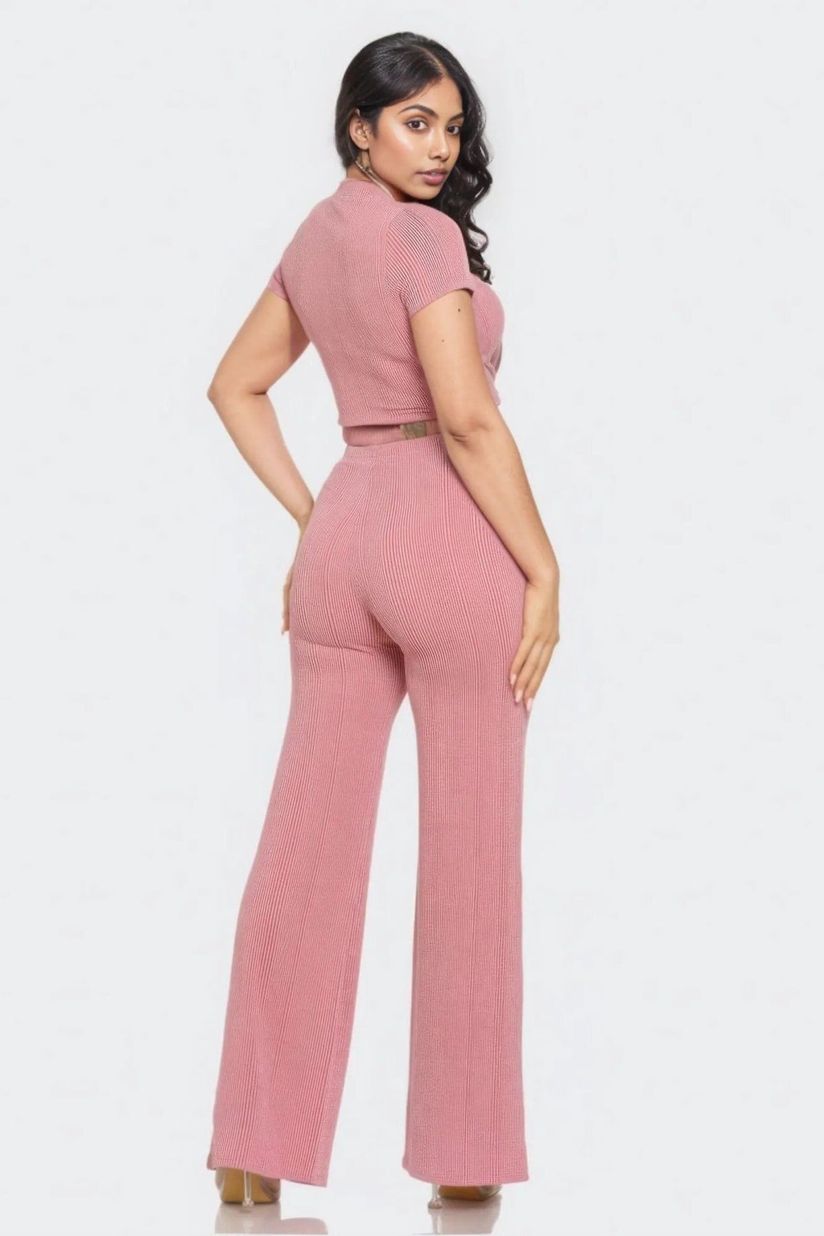 Front Twist Top And Flare Pants Set