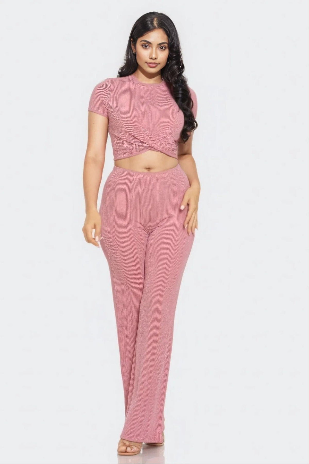 Front Twist Top And Flare Pants Set