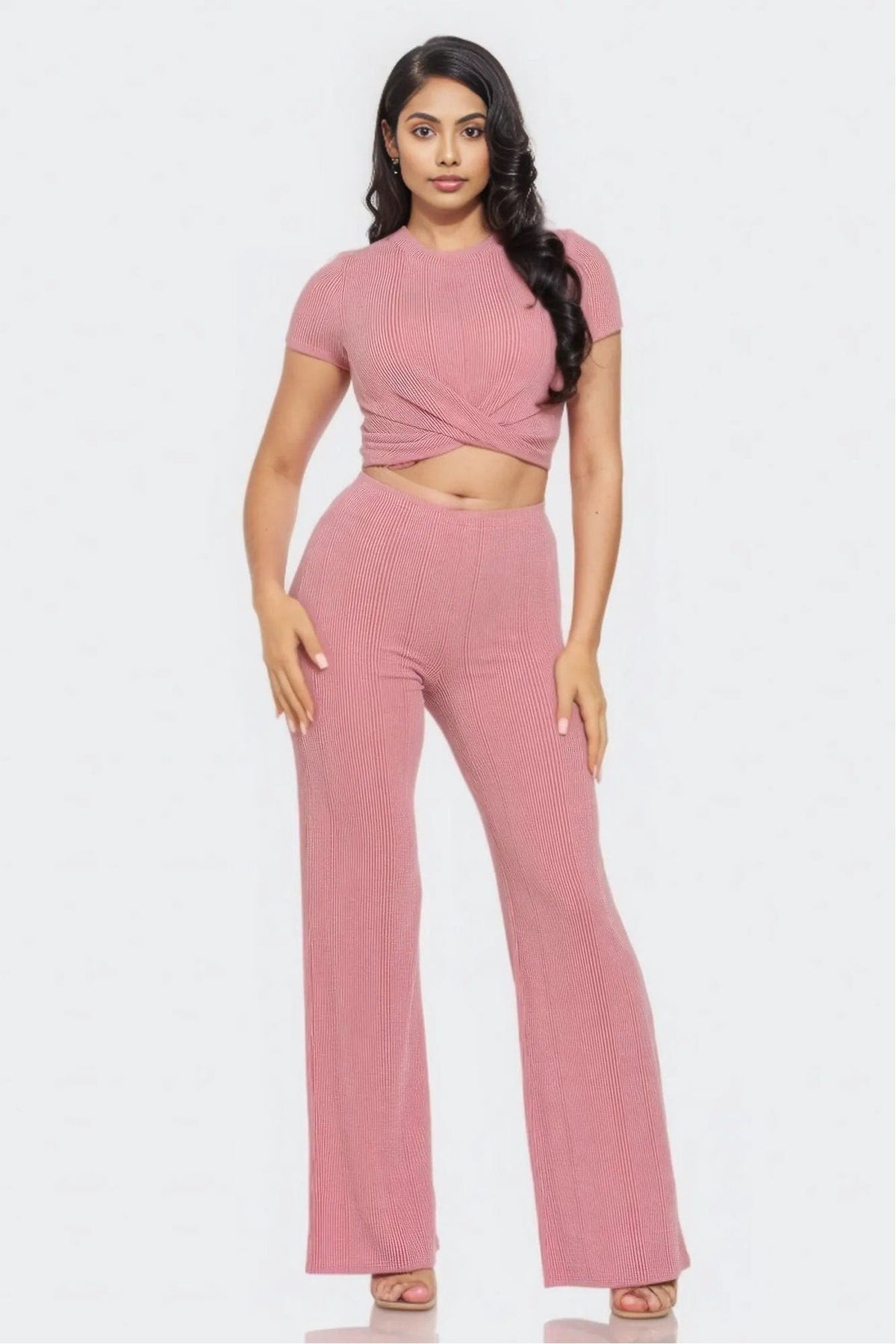Front Twist Top And Flare Pants Set