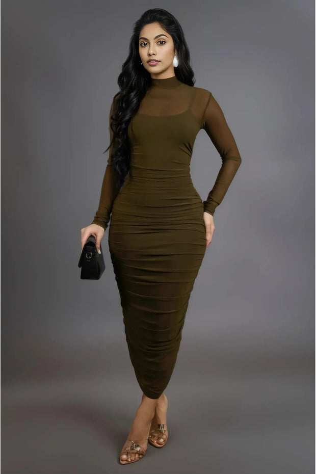 Olive Green Sheer Long Sleeve Midi Dress