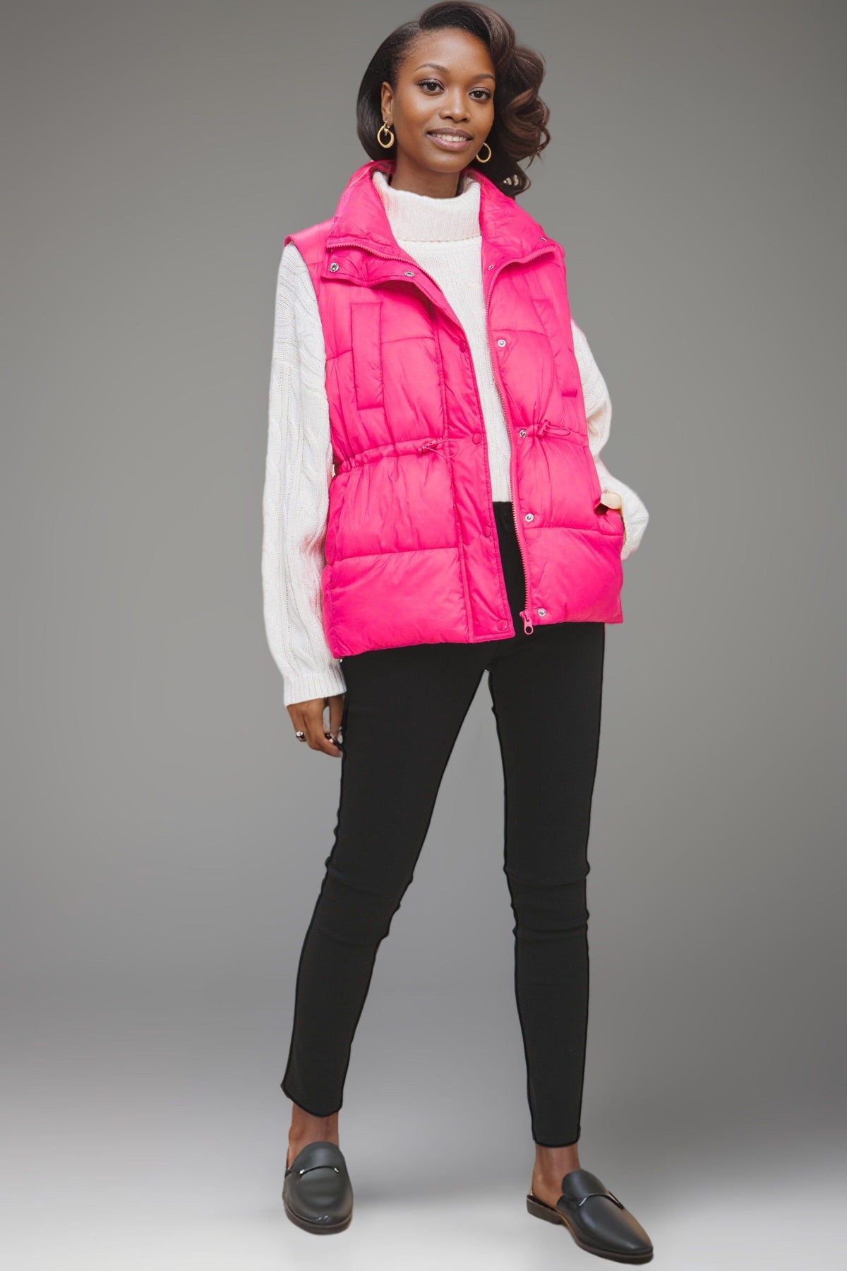 Zip Up Button Puffer Vest With Waist Toggles