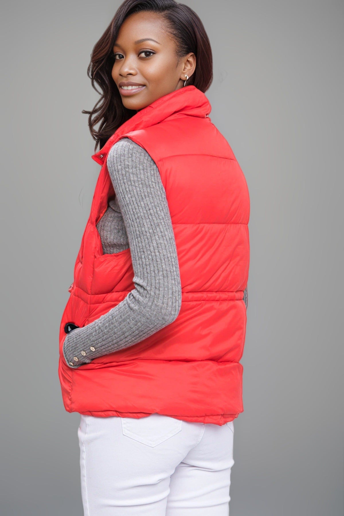 Zip Up Button Puffer Vest With Waist Toggles