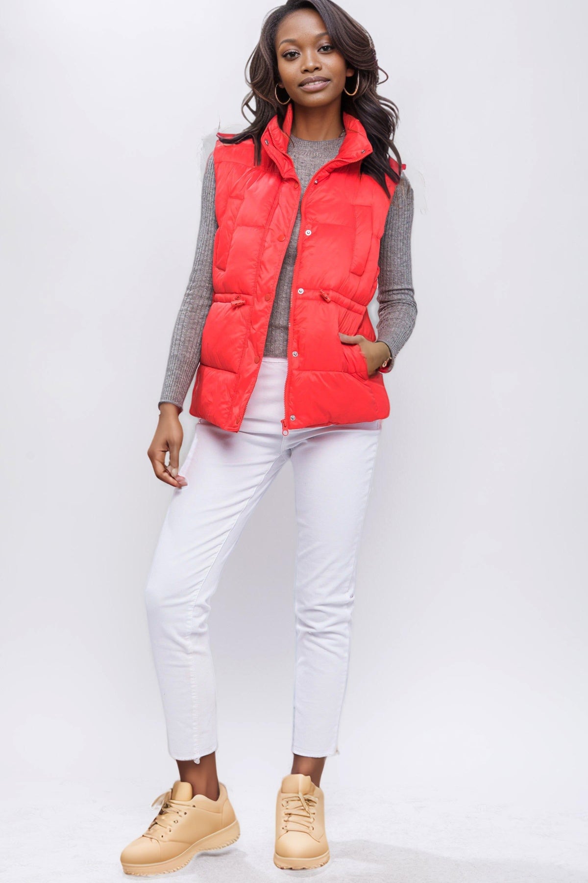 Zip Up Button Puffer Vest With Waist Toggles