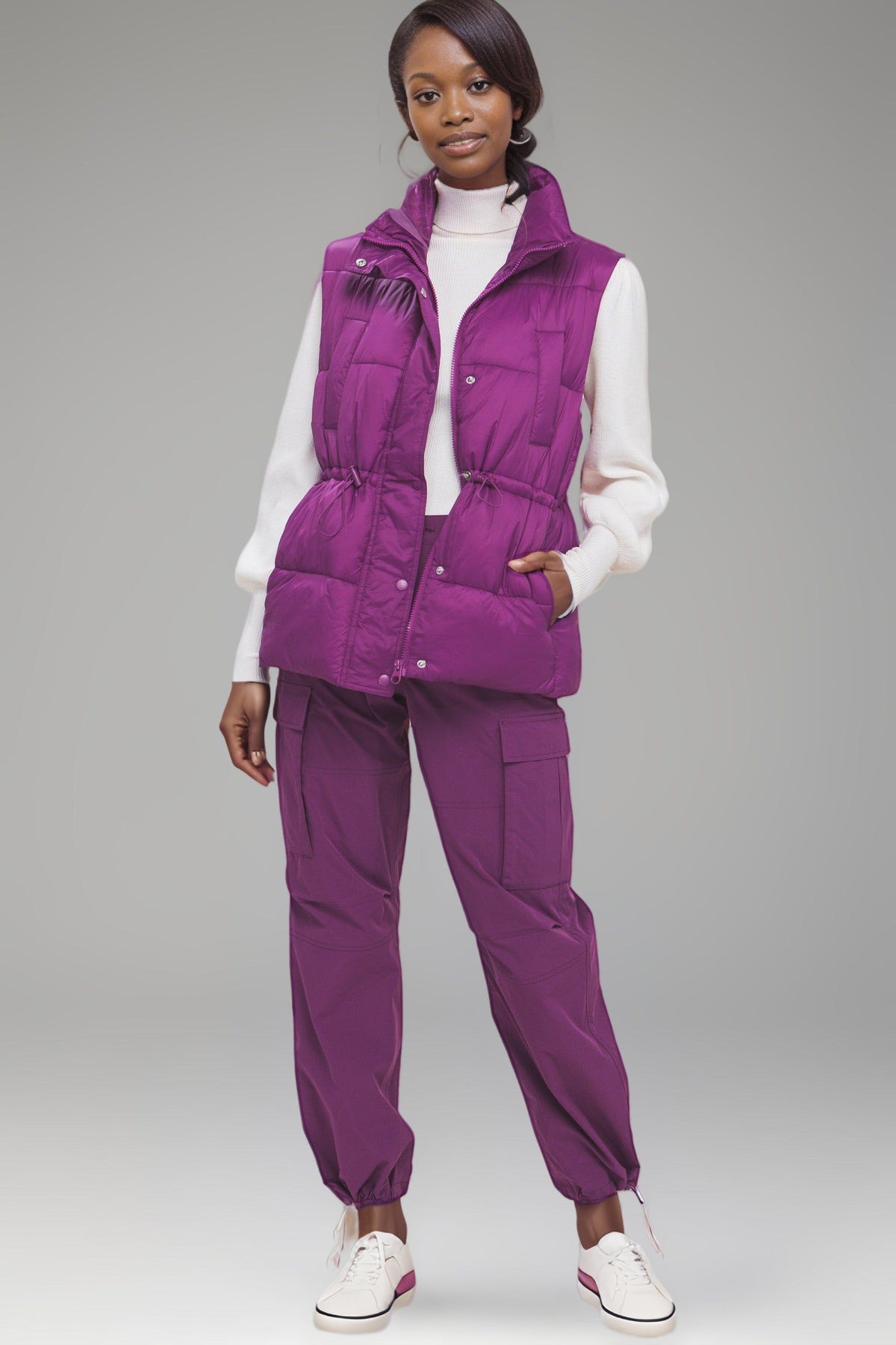 Zip Up Button Puffer Vest With Waist Toggles