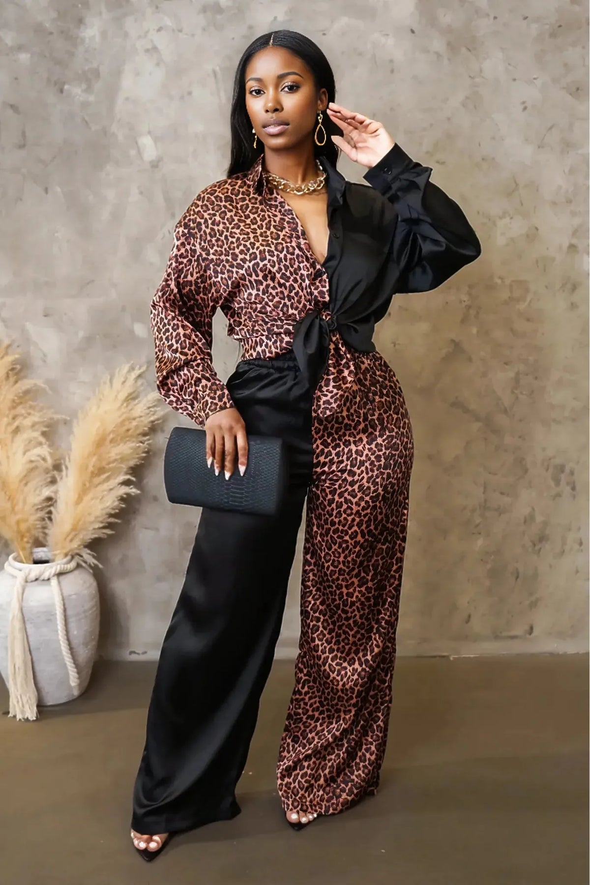 Half Animal Print And Half Solid Top And Pants Set