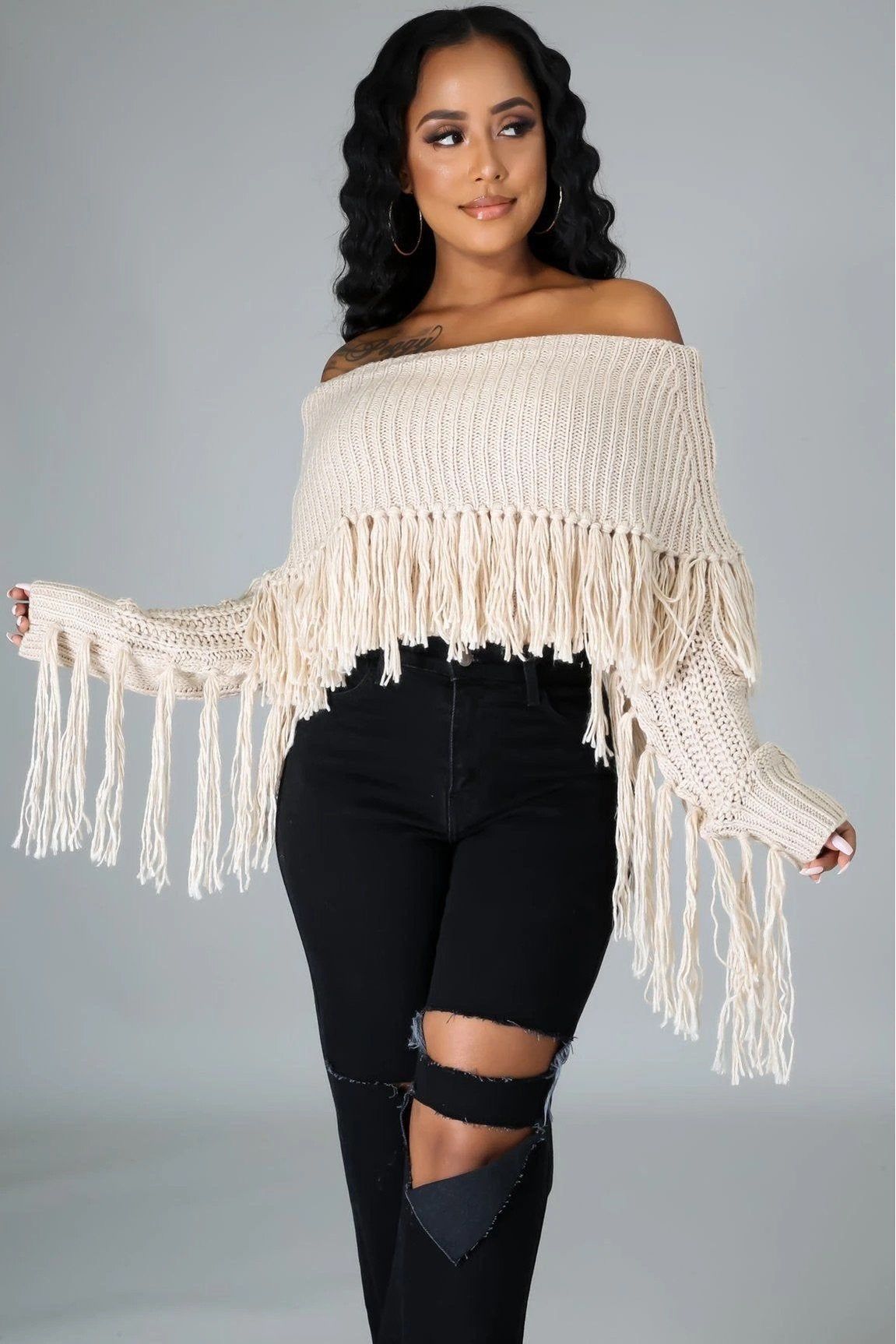 Almond Fringe Sweater Top