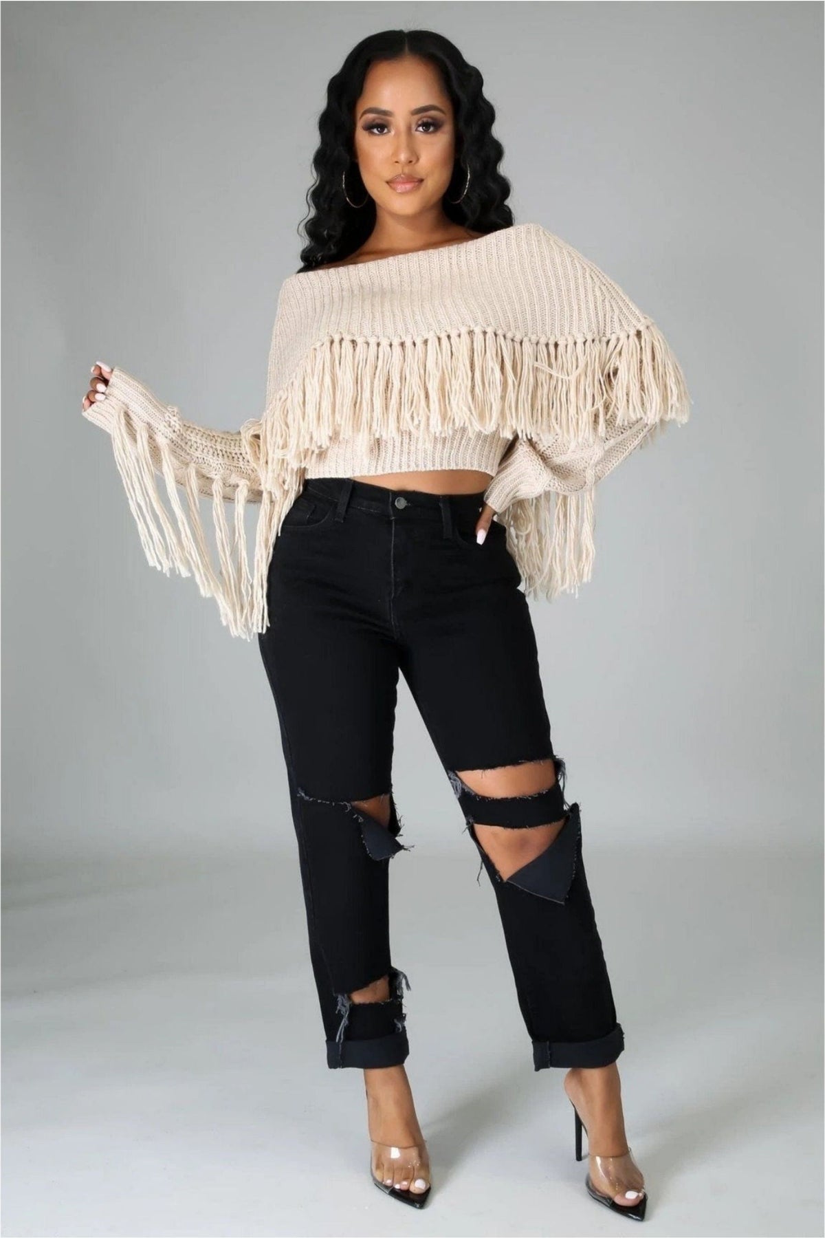 Almond Fringe Sweater Top