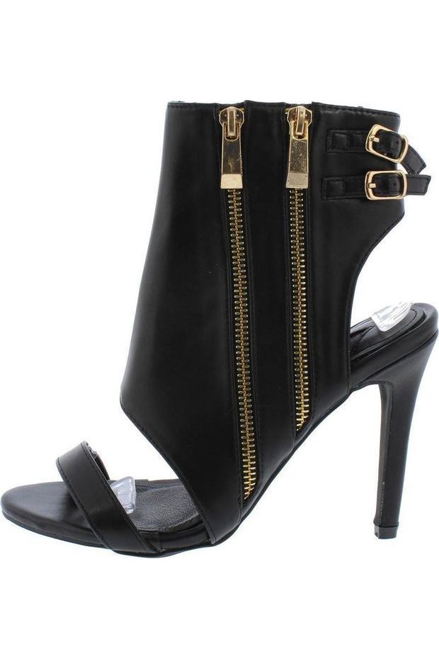 BLACK DOUBLE ZIP REAR DOUBLE BUCKLE CUT OUT HEEL SHOES