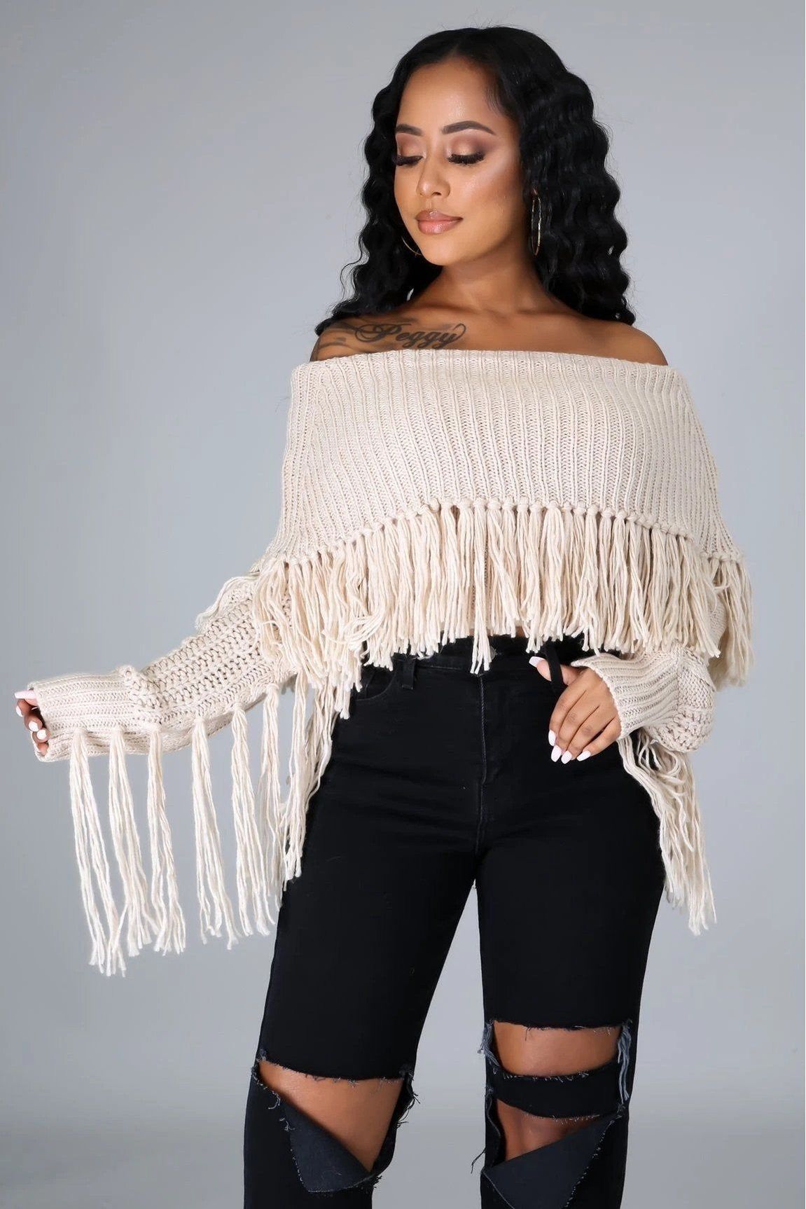 Almond Fringe Sweater Top