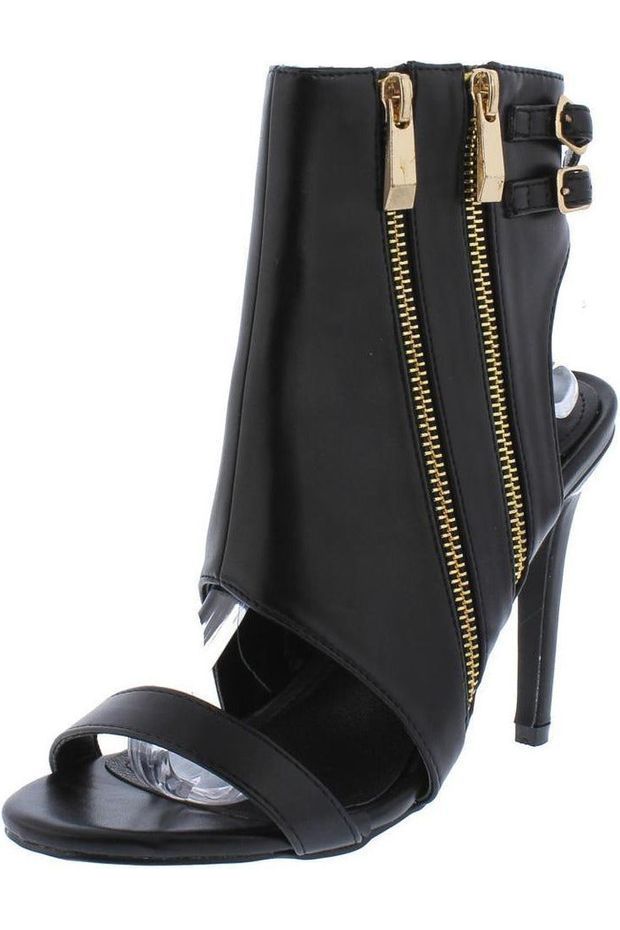 BLACK DOUBLE ZIP REAR DOUBLE BUCKLE CUT OUT HEEL SHOES